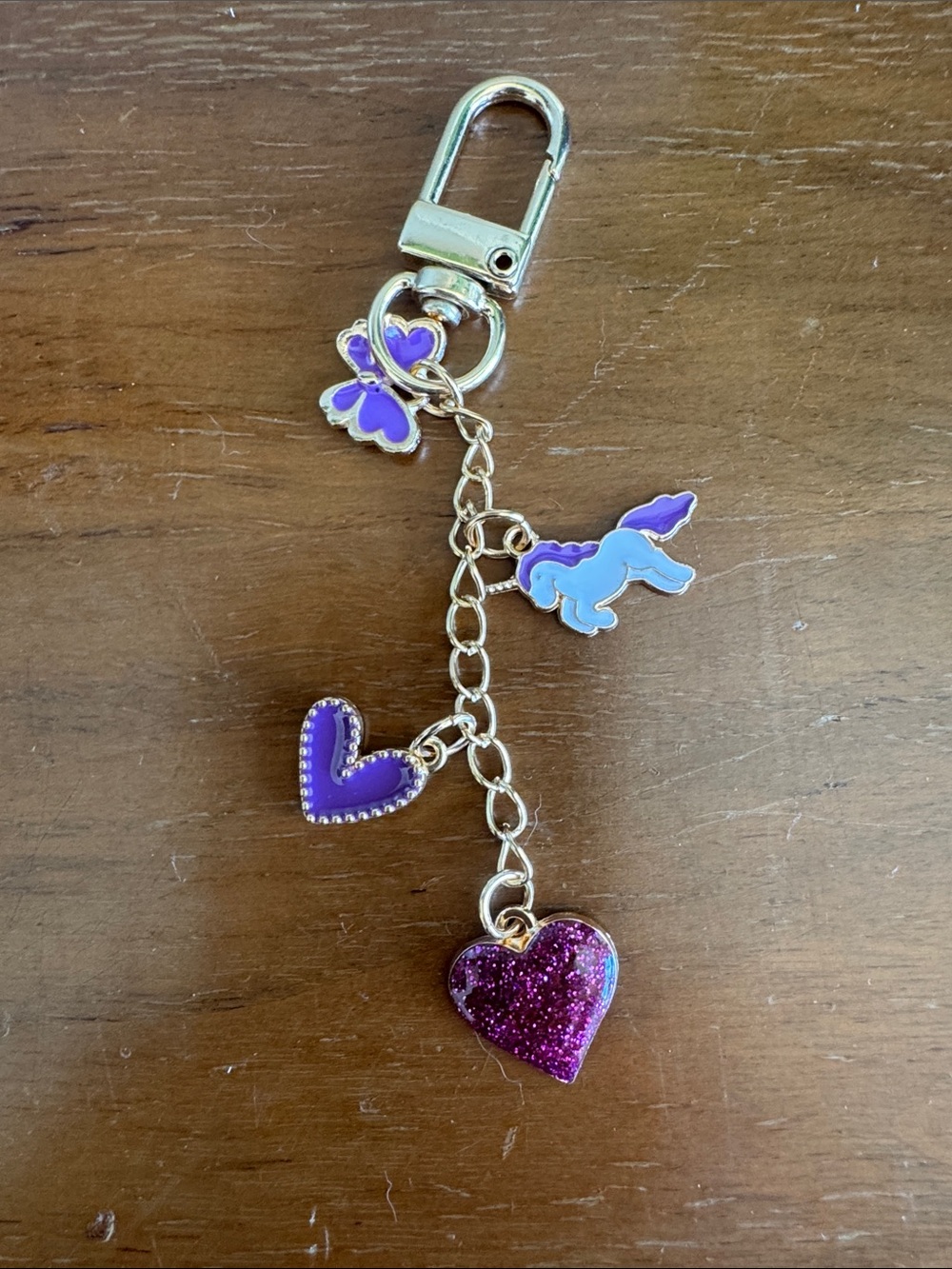 Gold-Tone Purple Heart & Unicorn Charm Keychain